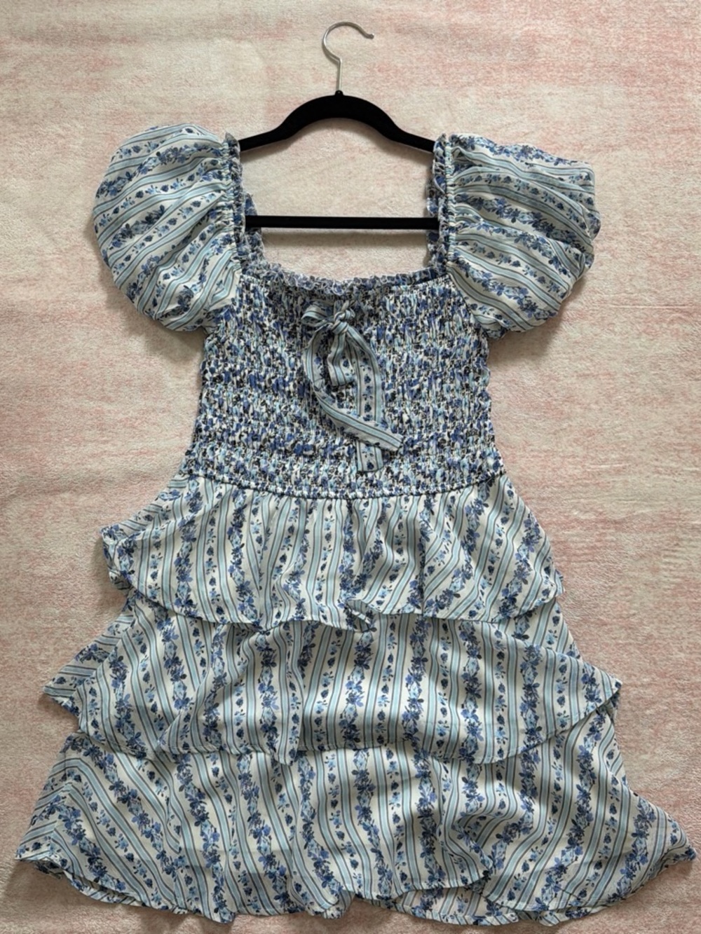 Francesca's Collections Blue and White Floral Smocked Puff-Sleeve Dress